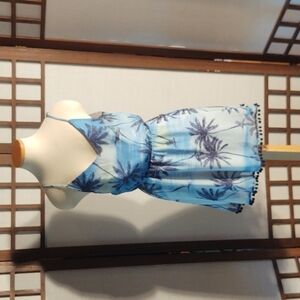 Ocean Drive Blue Palm Tree Print Dress with Pom Pom Trim Sz M